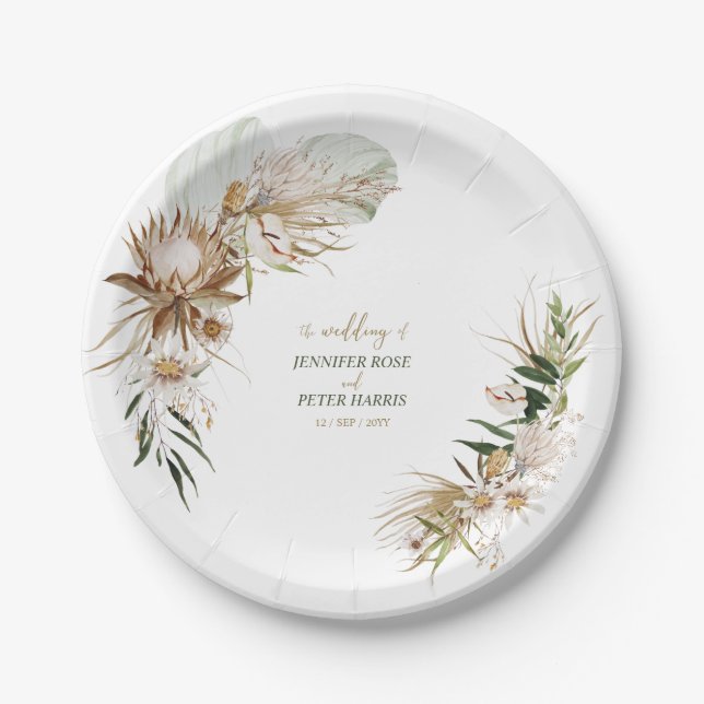 Green & Gold Boho Botanical Fall / Winter Wedding Paper Plates (Front)