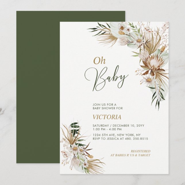 Green & Gold Boho Botanical Oh Baby Shower Invitation (Front/Back)
