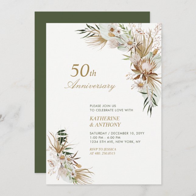 Green & Gold Boho Botanical Wedding Anniversary Invitation (Front/Back)