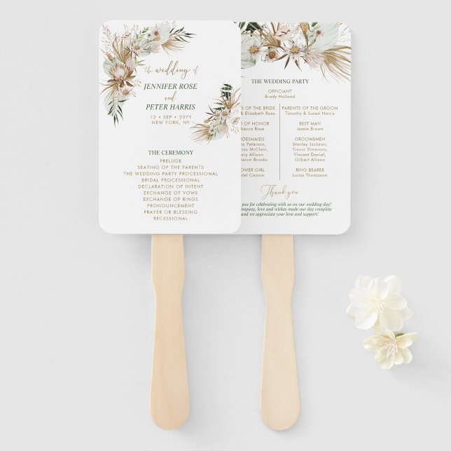 Green & Gold Boho Botanical Wedding Program Hand Fan (Front and Back)