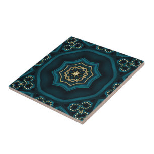 Green Gold Boho Rosette Mandala Ceramic Tile
