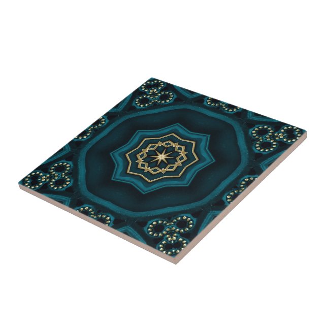 Green Gold Boho Rosette Mandala Ceramic Tile (Side)