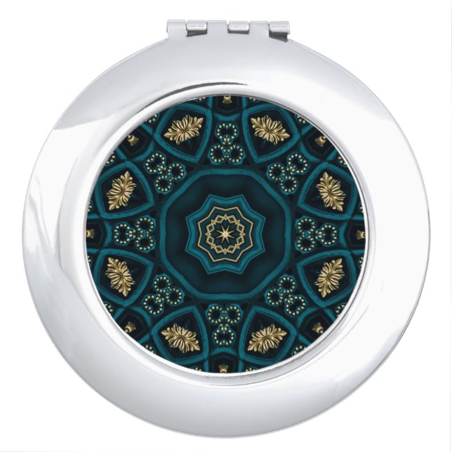 Green Gold Boho Rosette Mandala Compact Mirror (Front)
