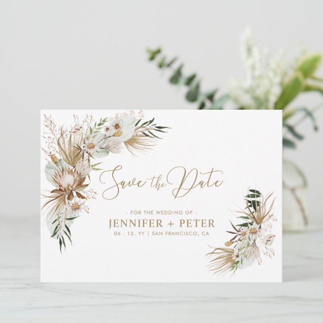 Green & Gold Boho Wedding Save The Date Card (Standing Front)