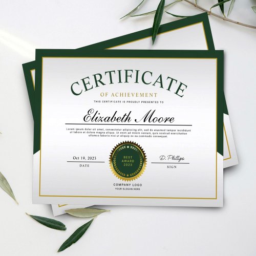 Green Gold Border Certificate of Achievement Award