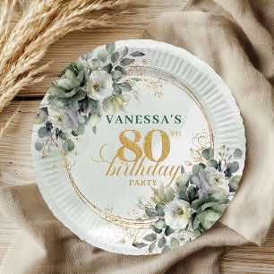 Green Gold Botanical 80th Birthday Celebration Paper Plates