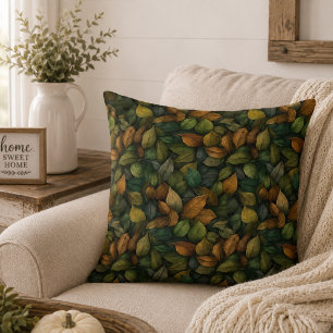 Green Gold Botanical Earth Tones Fall Leaves Throw Pillow