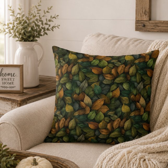 Green Gold Botanical Earth Tones Fall Leaves Throw Pillow (Creator Uploaded)