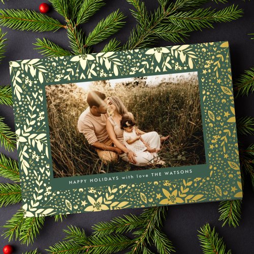 Green  Gold Botanical Floral Frame Photo Happy Foil Holiday Card