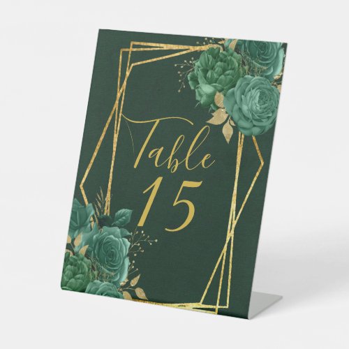 Green Gold Botanical Florals Wedding Table Number Pedestal Sign