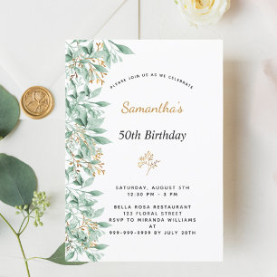 Green gold botanical greenery white birthday invitation