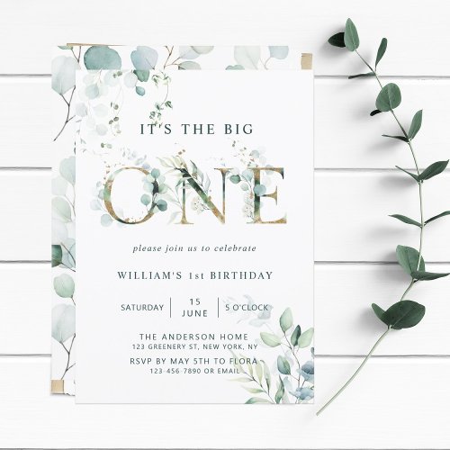 Green  Gold Botanical Letters First Birthday Invitation