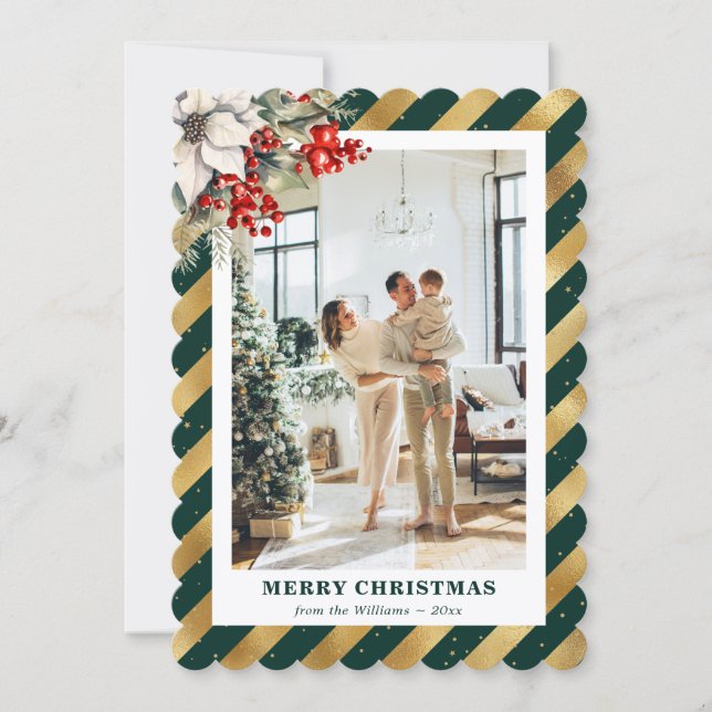 Green Gold Botanical Modern Photo Christmas Card (Front)