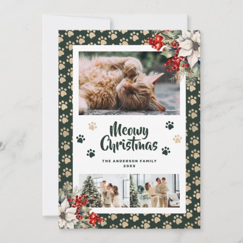 Green Gold Botanical Photo Meowy Christmas Card
