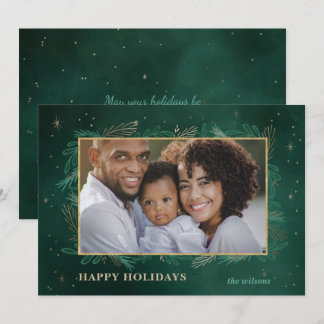 Green Gold Botanical Sparkle Photo Holiday Card