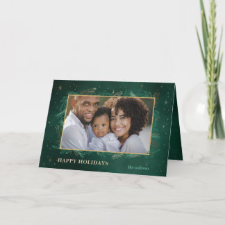 Green Gold Botanical Sparkle Photo Holiday Card