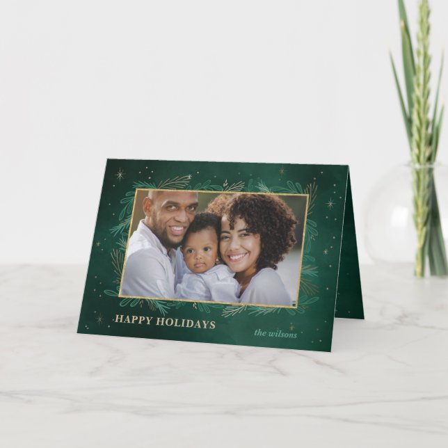 Green Gold Botanical Sparkle Photo  Holiday Card (Front)