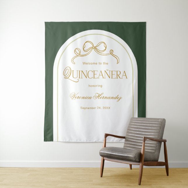 Green Gold Bow Elegant Quinceanera Photo Backdrop (In Situ)