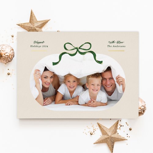 Green  Gold Bow  Happiest Holidays  Oval Photo Foil Holiday Card