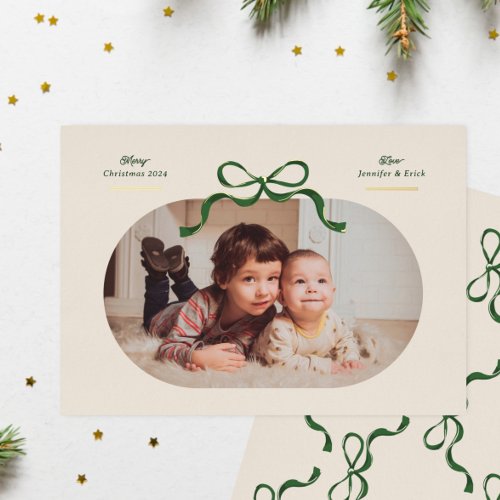 Green  Gold Bow  Merriest Christmas  Oval Photo Foil Holiday Card