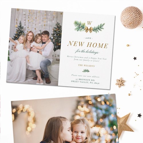 Green Gold Bow Moving Family Monogram 2 Photos Holiday Card