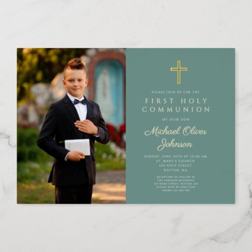 Green Gold Boy Photo First Communion  Foil Invitation