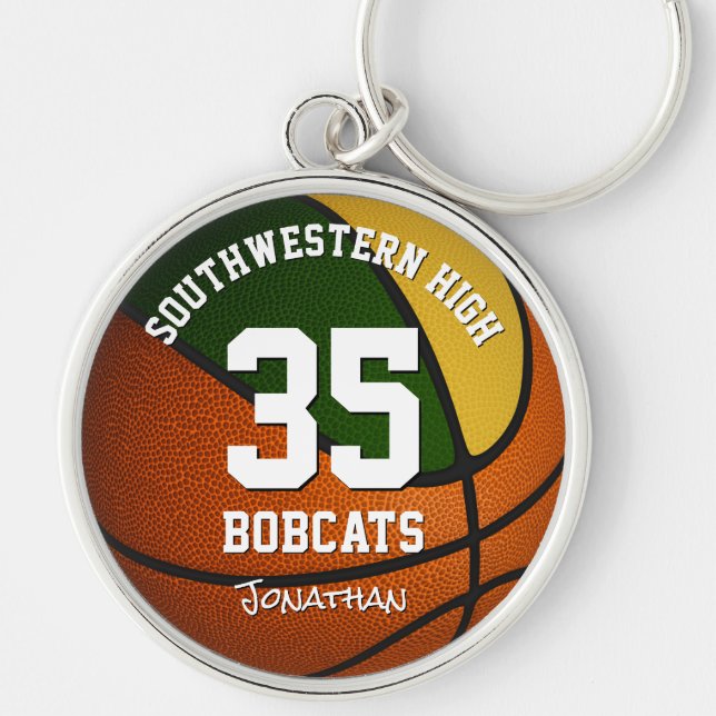 Green gold boys girls sports team name basketball keychain (Front)