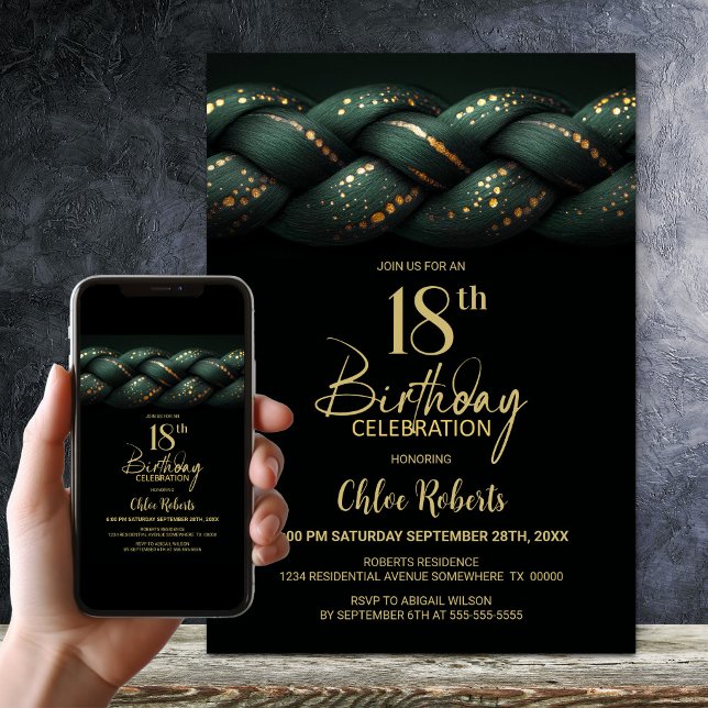 Green Gold Braid 18th Birthday Party Invitation (Creator Uploaded)