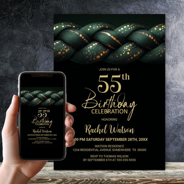 Green Gold Braid 55th Birthday Party Invitation (Creator Uploaded)