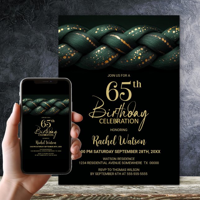 Green Gold Braid 65th Birthday Party Invitation (Creator Uploaded)