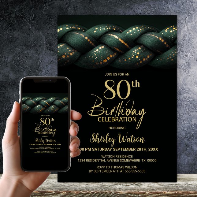 Green Gold Braid 80th Birthday Party Invitation (Creator Uploaded)