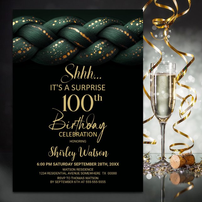 Green Gold Braid Surprise 100th Birthday Party Invitation (Creator Uploaded)