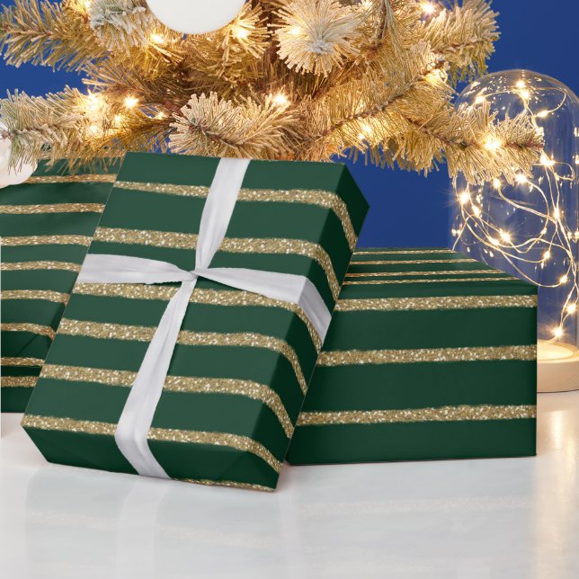 Green Gold Brush Strokes Stripes Wrapping Paper (Holidays)
