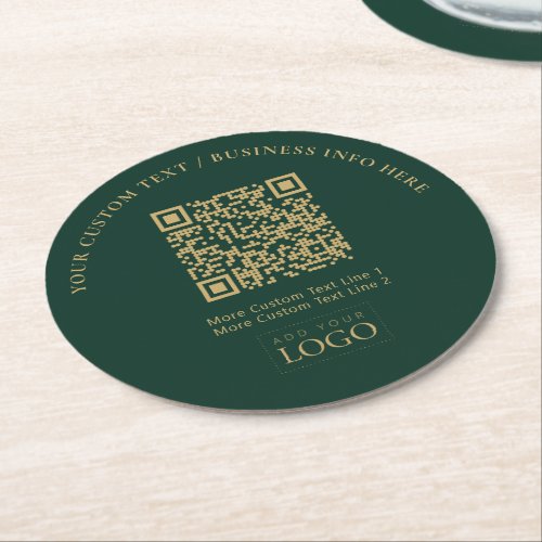 Green  Gold Business Logo QR Code Promotional Round Paper Coaster