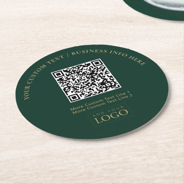 Green & Gold Business Logo QR Code Promotional Round Paper Coaster (Angled)