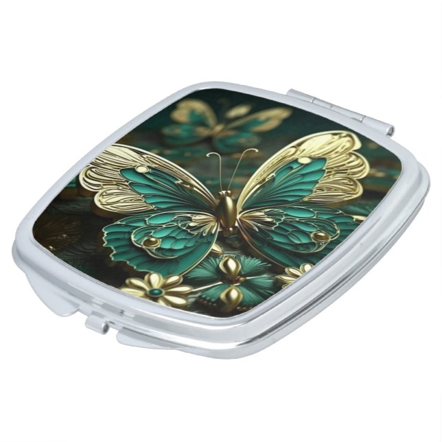 Green & Gold Butterfly Compact Mirror (Turned)