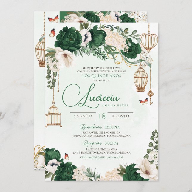 Green Gold Butterfly Floral Elegant Quinceañera Invitation (Front/Back)