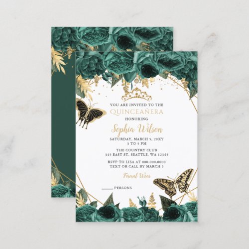 Green Gold Butterfly Quinceaera Mini Invitation