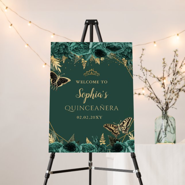 Green Gold Butterfly Quinceañera Welcome Sign (In Situ (Stand))