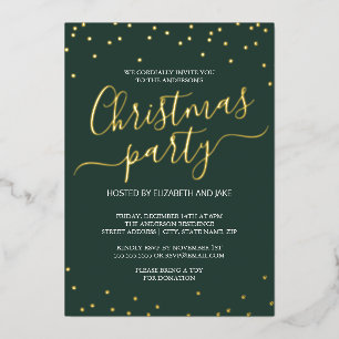 Green Gold Calligraphy Confetti Christmas Party Foil Invitation