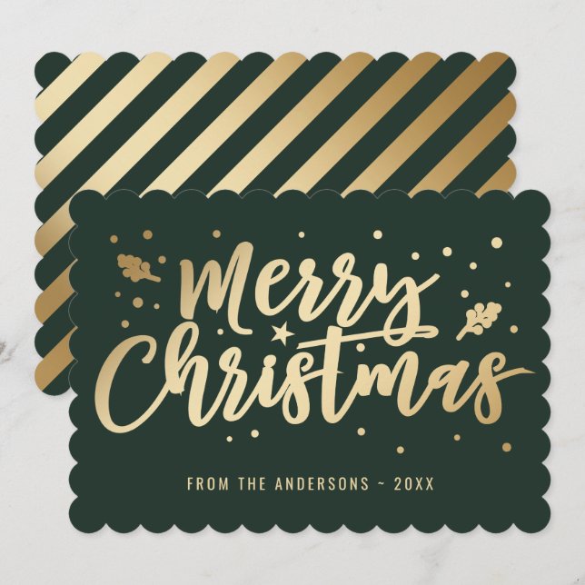 Green Gold Calligraphy Merry Christmas Holiday Card (Front/Back)