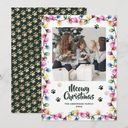 Green Gold Cat Paws Colorful Photo Meowy Holiday Card