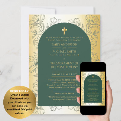 Green Gold  Catholic Nuptial Mass Wedding Invitation
