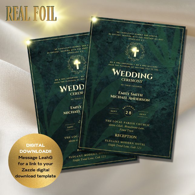 Green Gold Catholic Wedding Elegant Formal Modern Foil Invitation (Creator Uploaded)