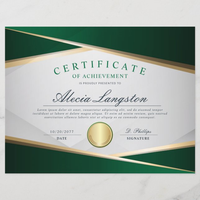 Green & Gold Certificate of Achievement Award (Front)