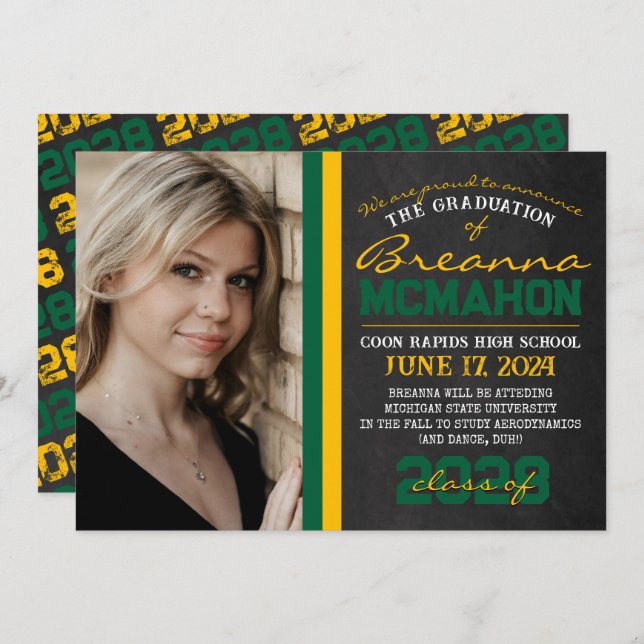 Green & Gold Chalkboard Graduation Announcement (Front/Back)
