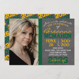 Green & Gold Chalkboard Graduation Photo Invitatio Invitation