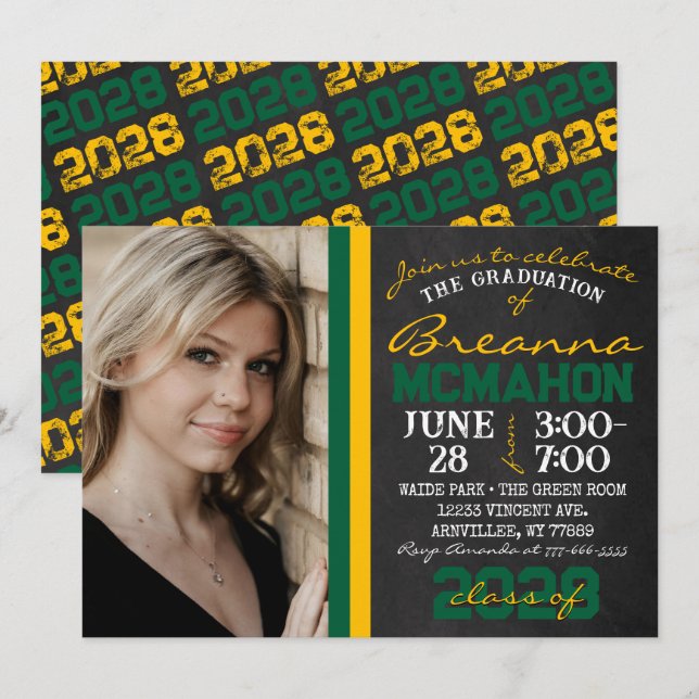 Green & Gold Chalkboard Graduation Photo Invitation (Front/Back)