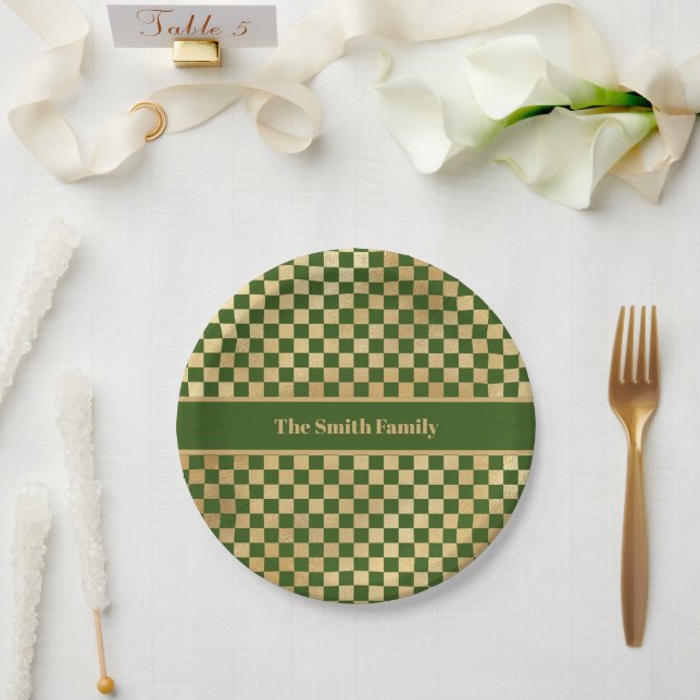Green Gold Checkered Paper Plate (Wedding)