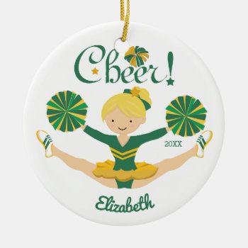 Green & Gold Cheer Blonde Cheerleader Ornament by celebrateitornaments at Zazzle